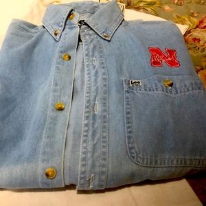 lightweight denim look long sleeve shirt with Nebraska Cornhusker logo